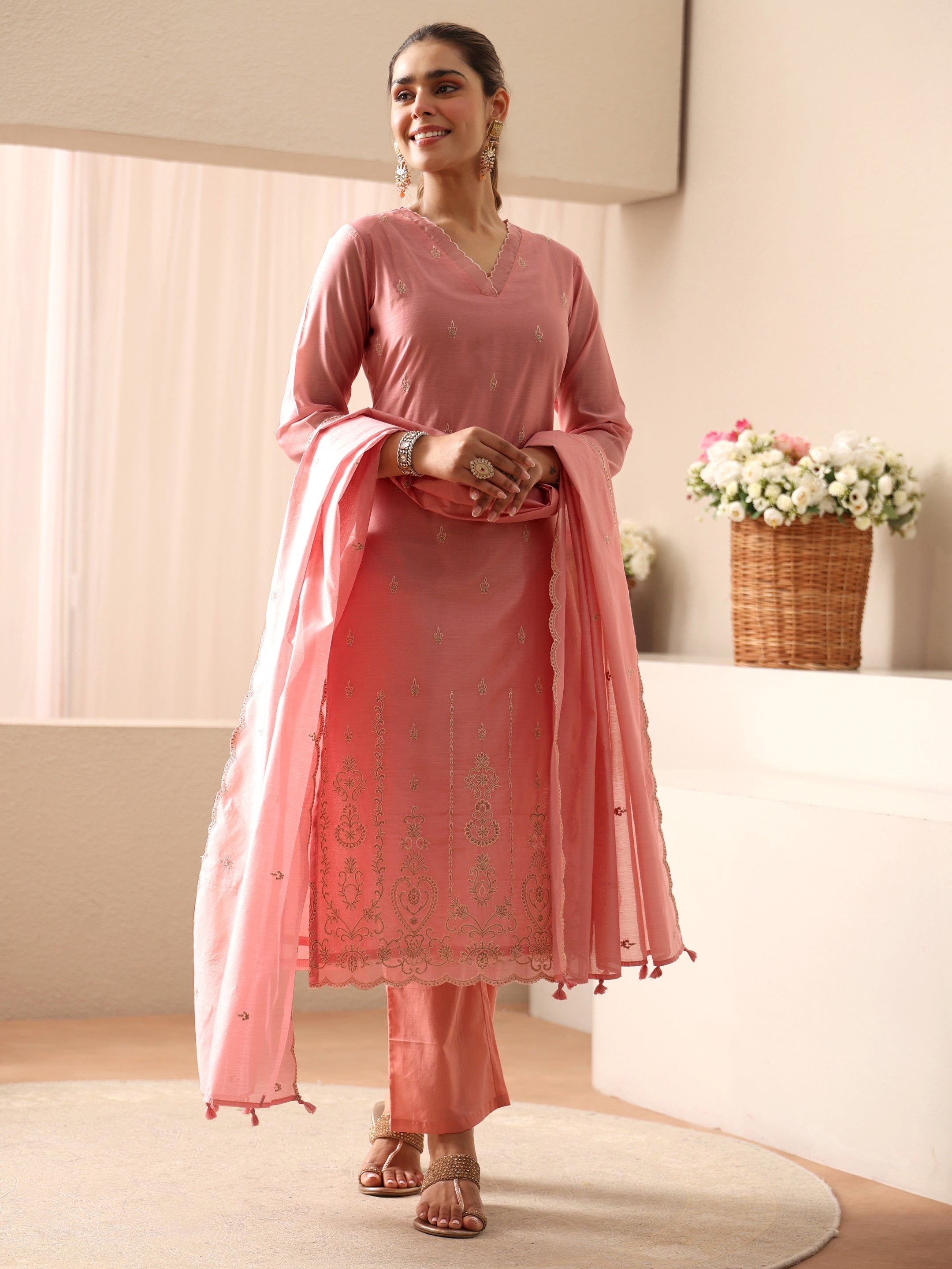 Pink Ethnic Embroidered Chanderi Silk Straight Suit Set-image-12