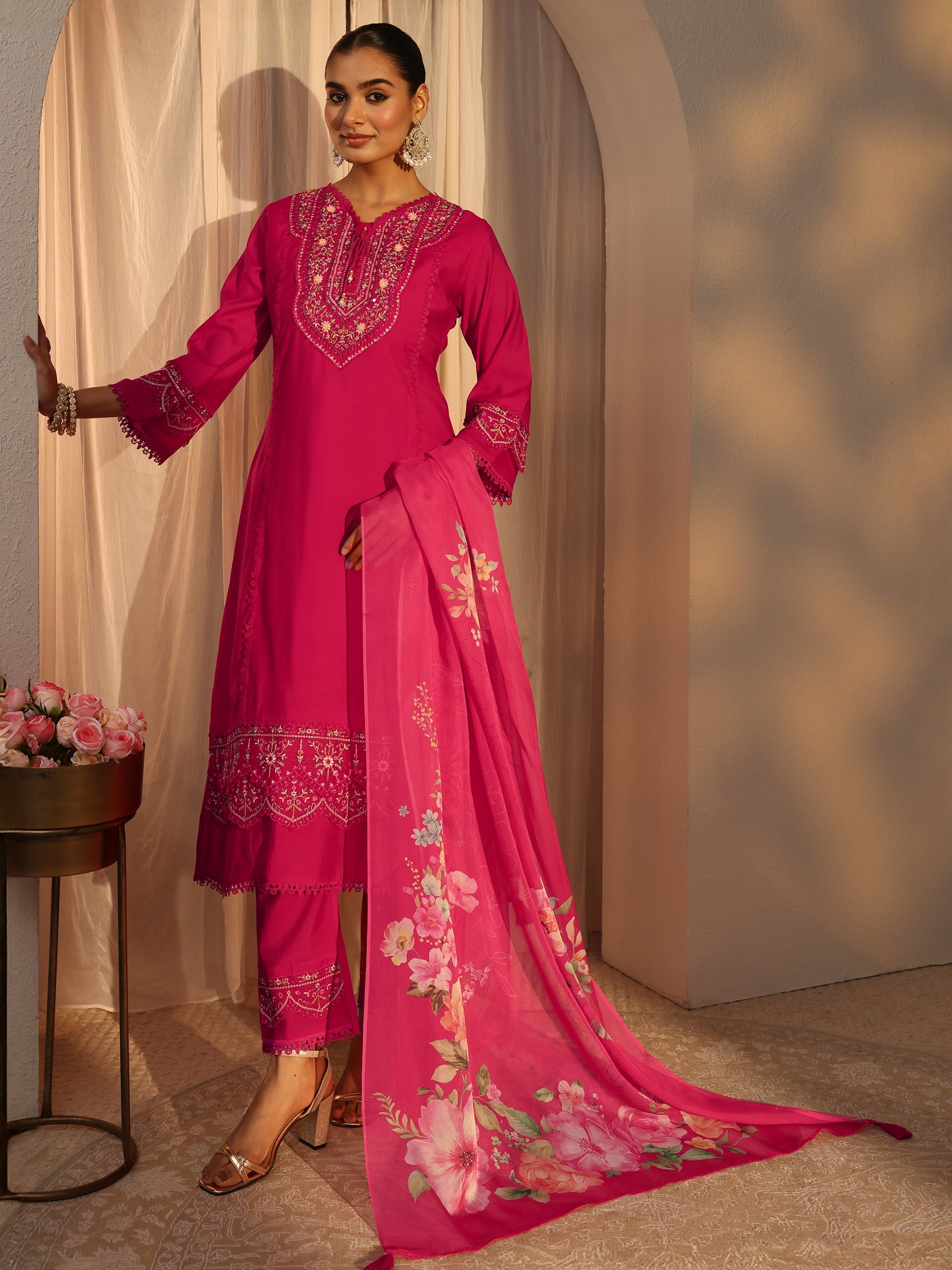 libas Pink Ethnic Embroidered Silk Blend A-Line Suits Set With Dupatta-picture-62