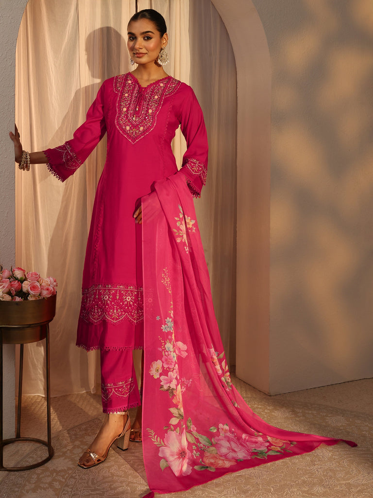 Libas Pink Ethnic Embroidered Silk Blend A-Line Suits Set With Dupatta
