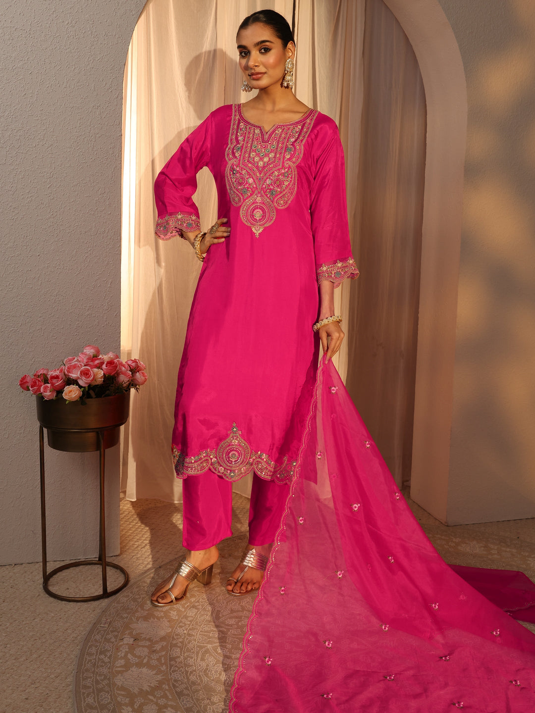 Pink Ethnic Embroidered Silk Blend Straight Suits Set With Dupatta