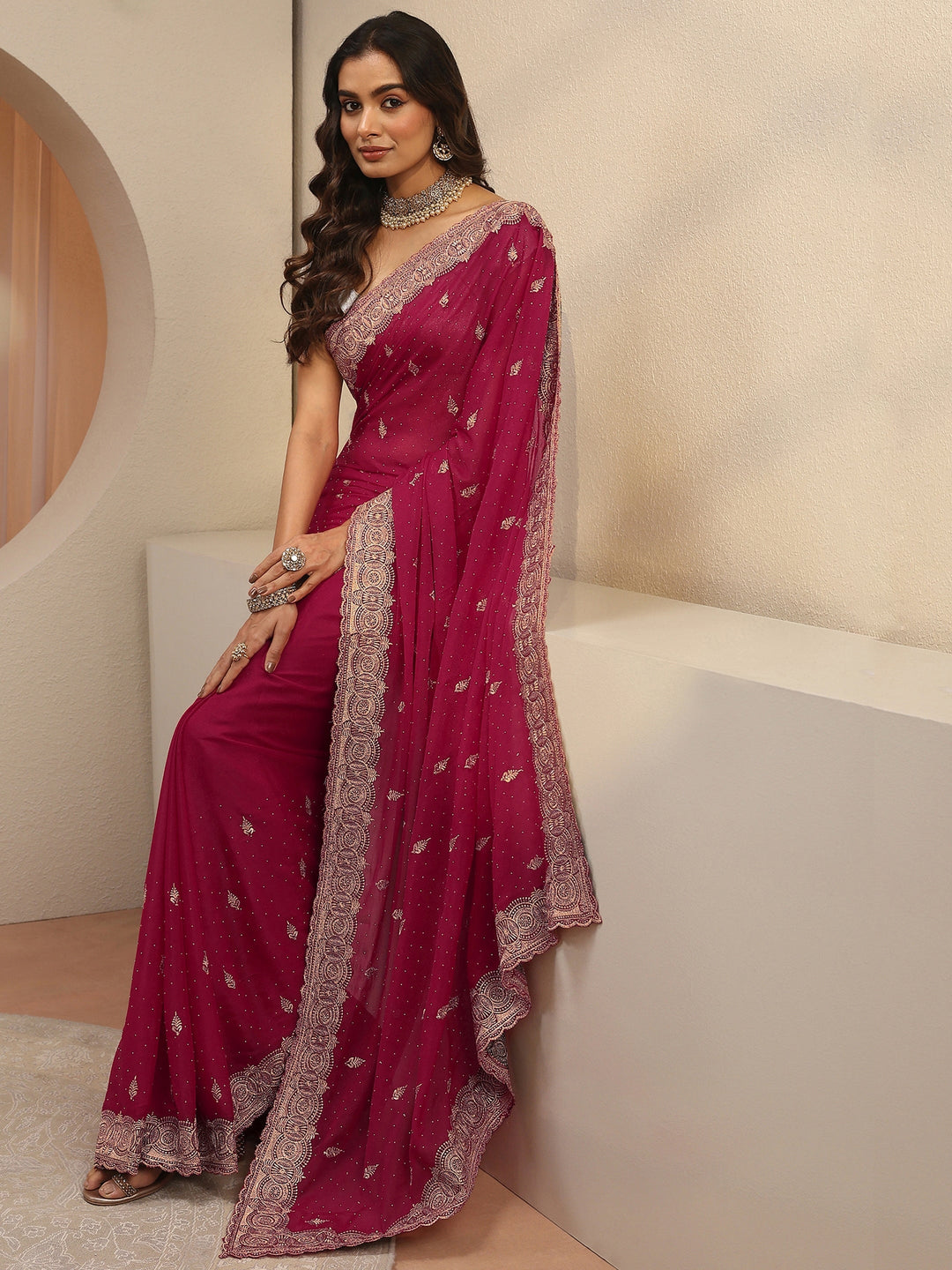  Pink Ethnic Motif Embroidered Tissue Saree 