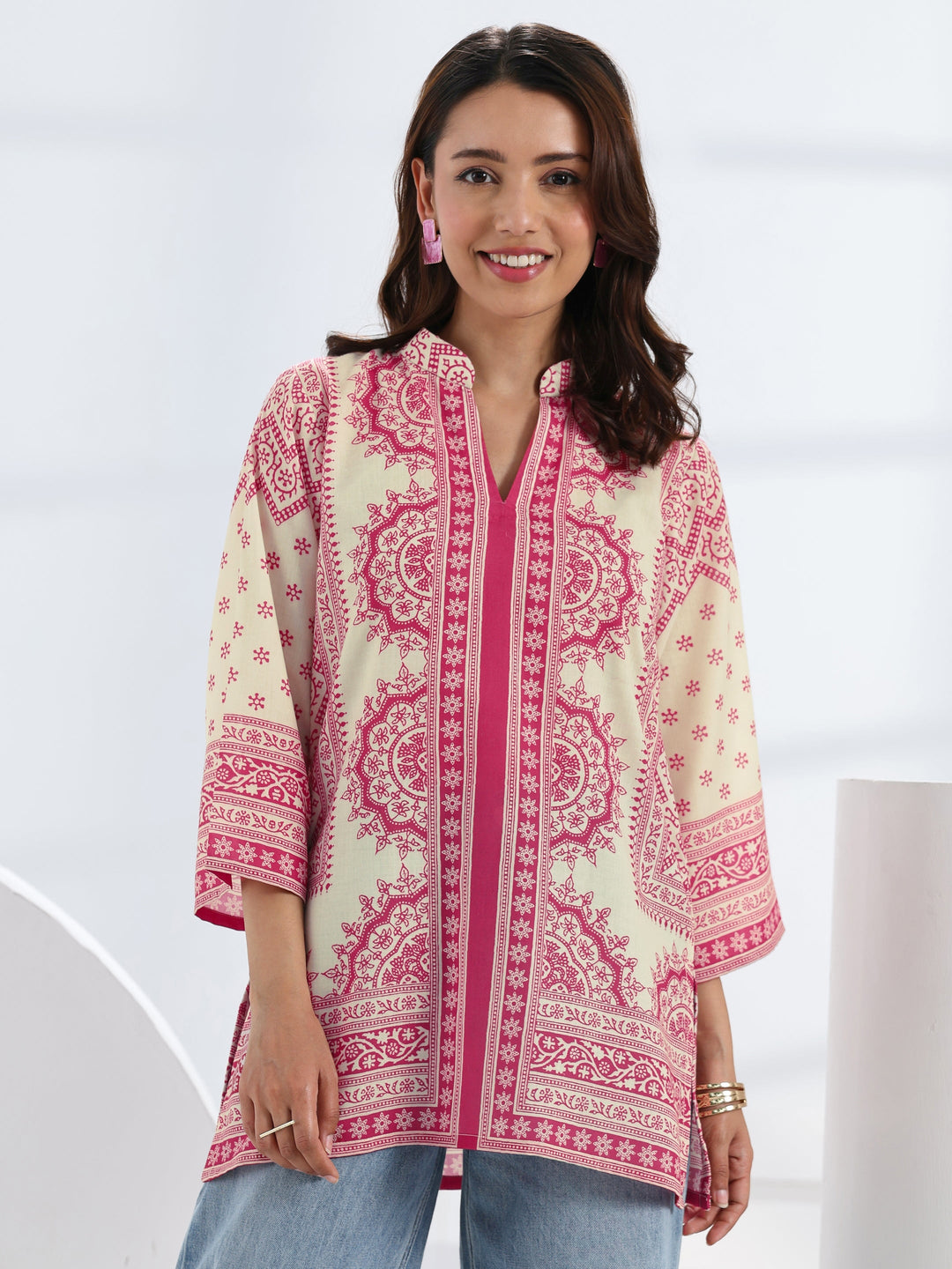  Pink Ethnic Motif Printed Cotton Blend Straight Short Kurti 