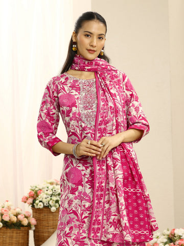 Gerua Pink Ethnic Motif Printed Cotton Blend Straight Suit Set With Dupatta