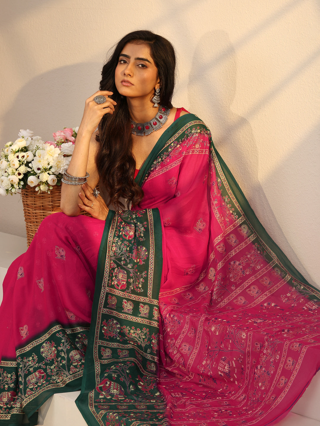  Pink Ethnic Motif Printed Georgette Saree 
