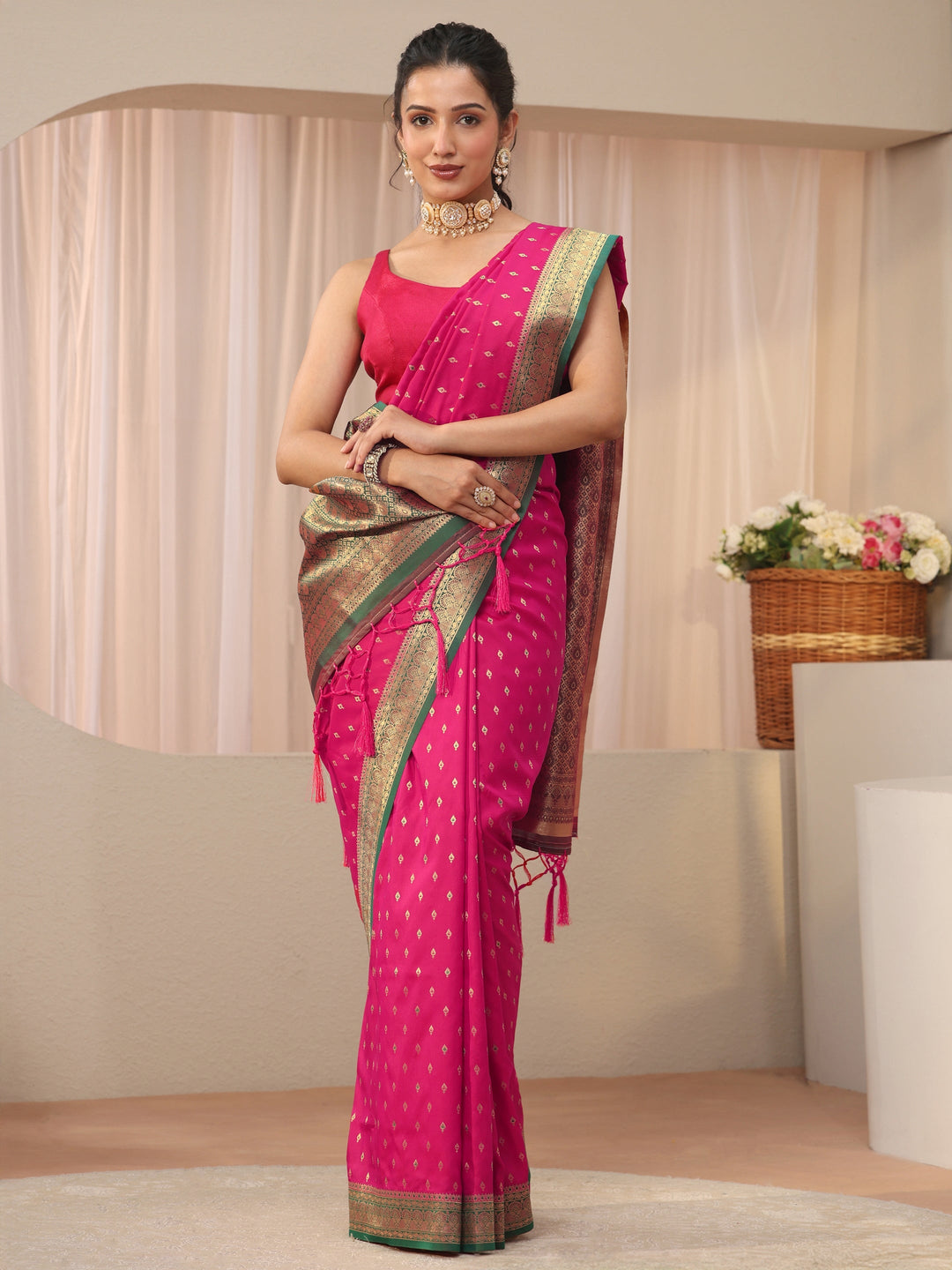 Pink Ethnic Motif Self Design Silk Blend Saree