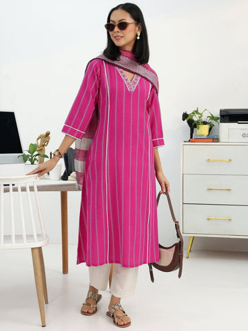 Gerua Pink Ethnic Motif Woven Design A-Line Suit Set With Dupatta