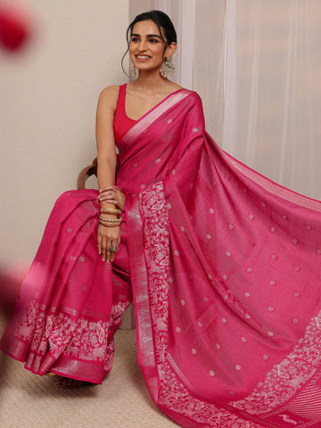 Pink Ethnic Motif Woven Design Silk Blend Saree With Unstitched Blouse Piece