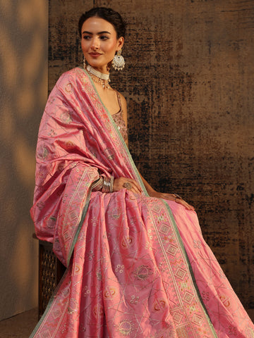 Pink Ethnic Motifs Embroidered Silk Blend Saree With Unstitched Blouse Piece