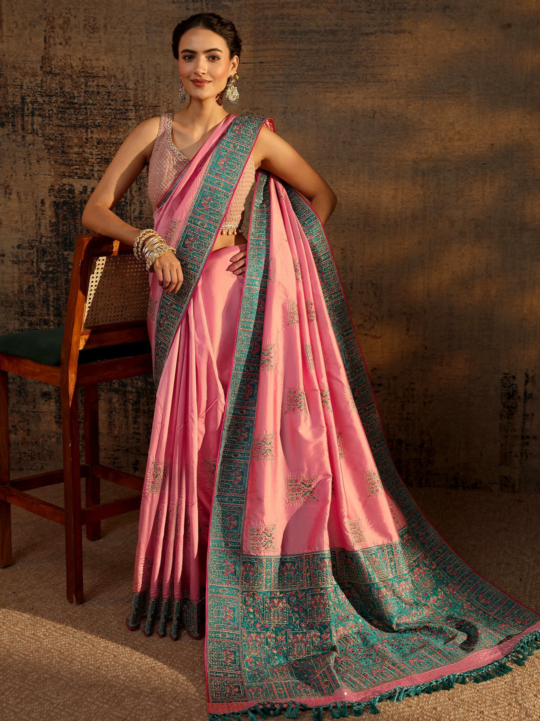  Libas Pink Ethnic Motifs Embroidered Silk Blend Saree With Unstitched Blouse Piece 