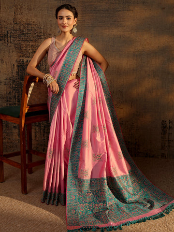 Libas Pink Ethnic Motifs Embroidered Silk Blend Saree With Unstitched Blouse Piece