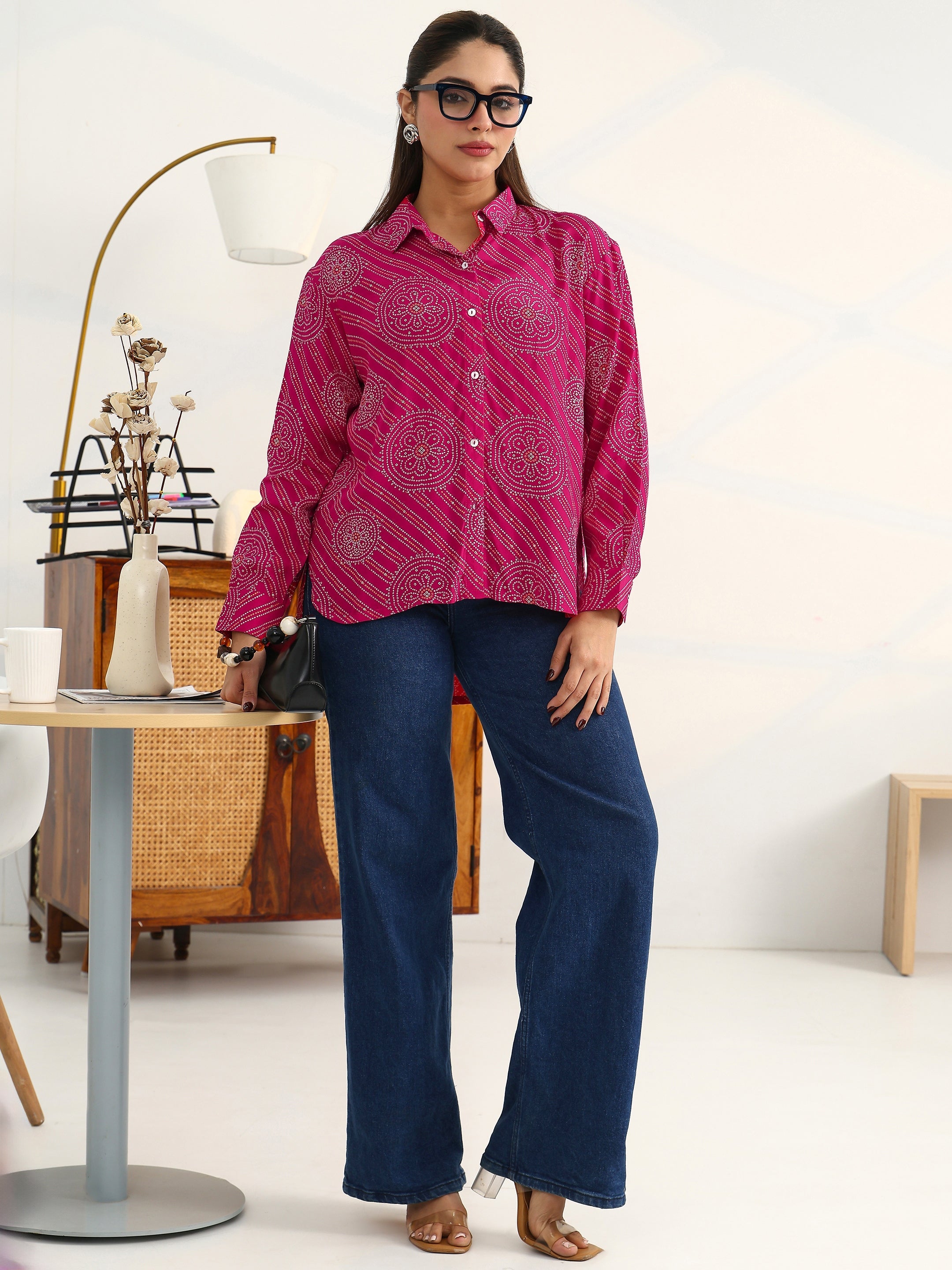 Bandhani Pink Cotton Blend Signature Shirt-image-7