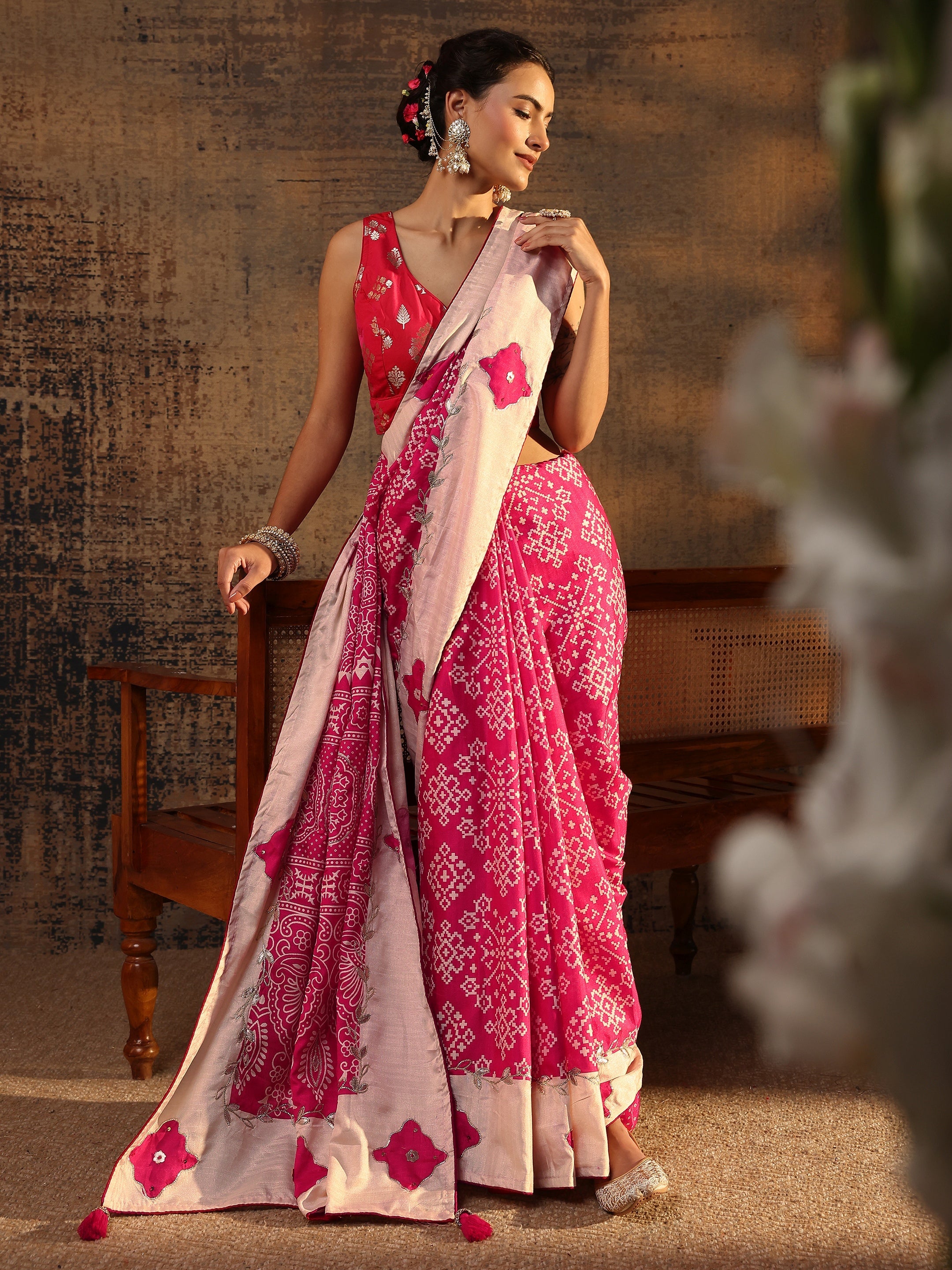 Pink Ethnic Motifs Printed Tissue Saree With Unstitched Blouse Piece-image-28