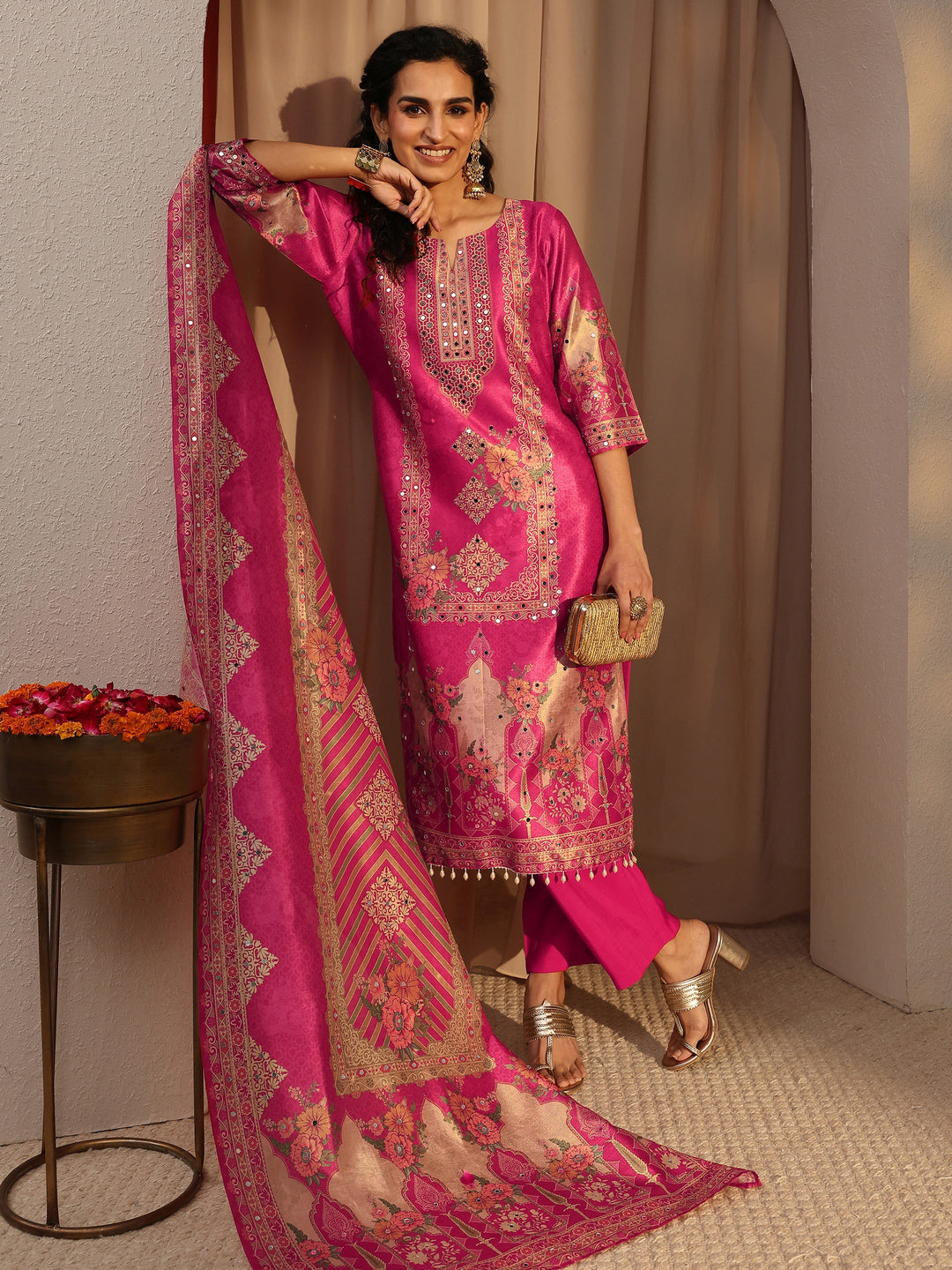  Pink Ethnic Printed Silk Blend Straight Suit Set With Dupatta 