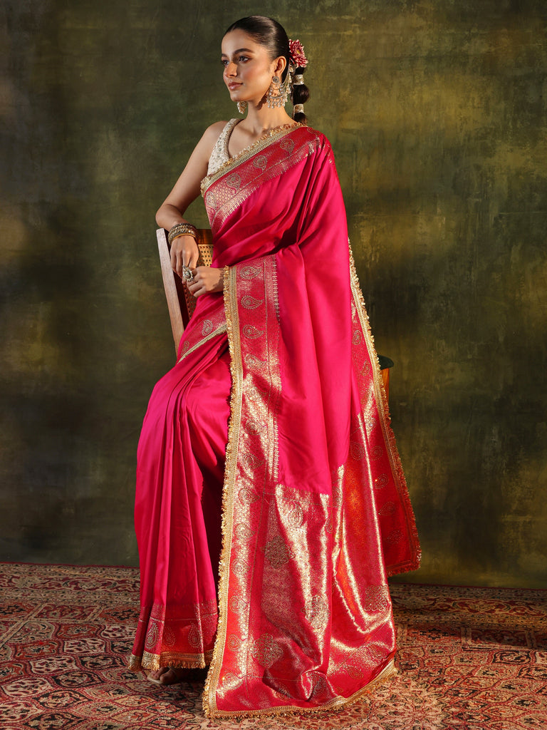 Libas Pink Ethnic Silk Blend Saree With Unstitched Blouse Piece
