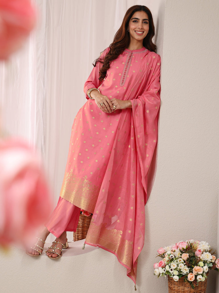 Libas Pink Ethnic Woven Design Chanderi Silk Straight Suit Set With Dupatta
