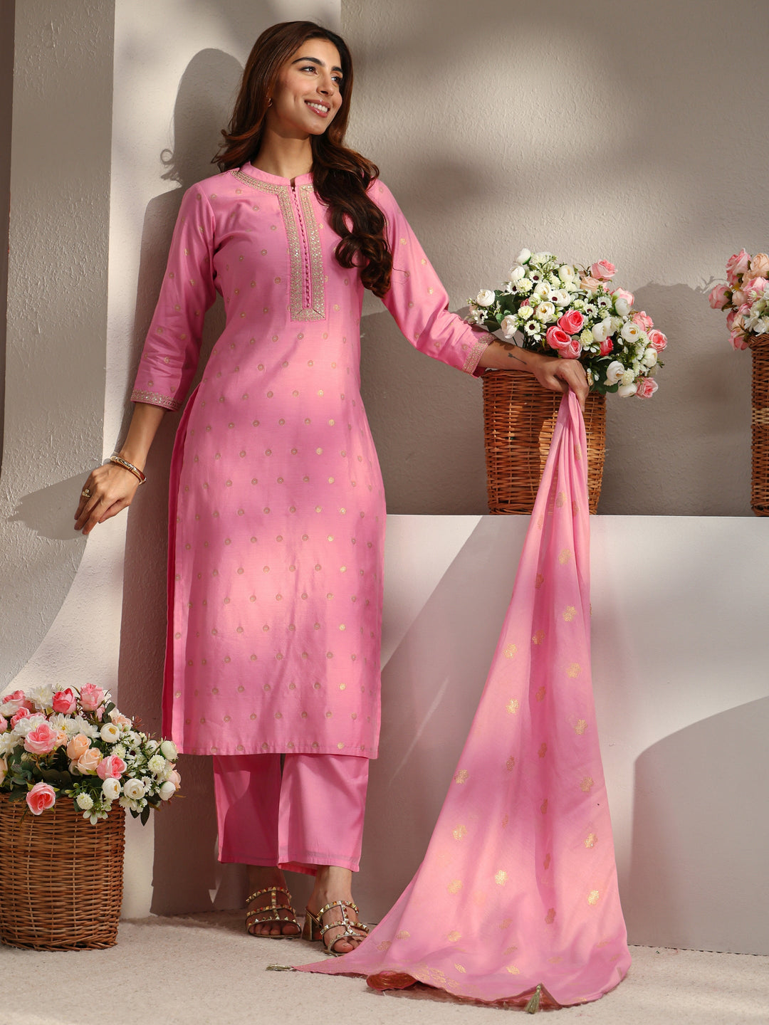  Pink Ethnic Woven Design Chanderi Silk Straight Suit Set With Dupatta 
