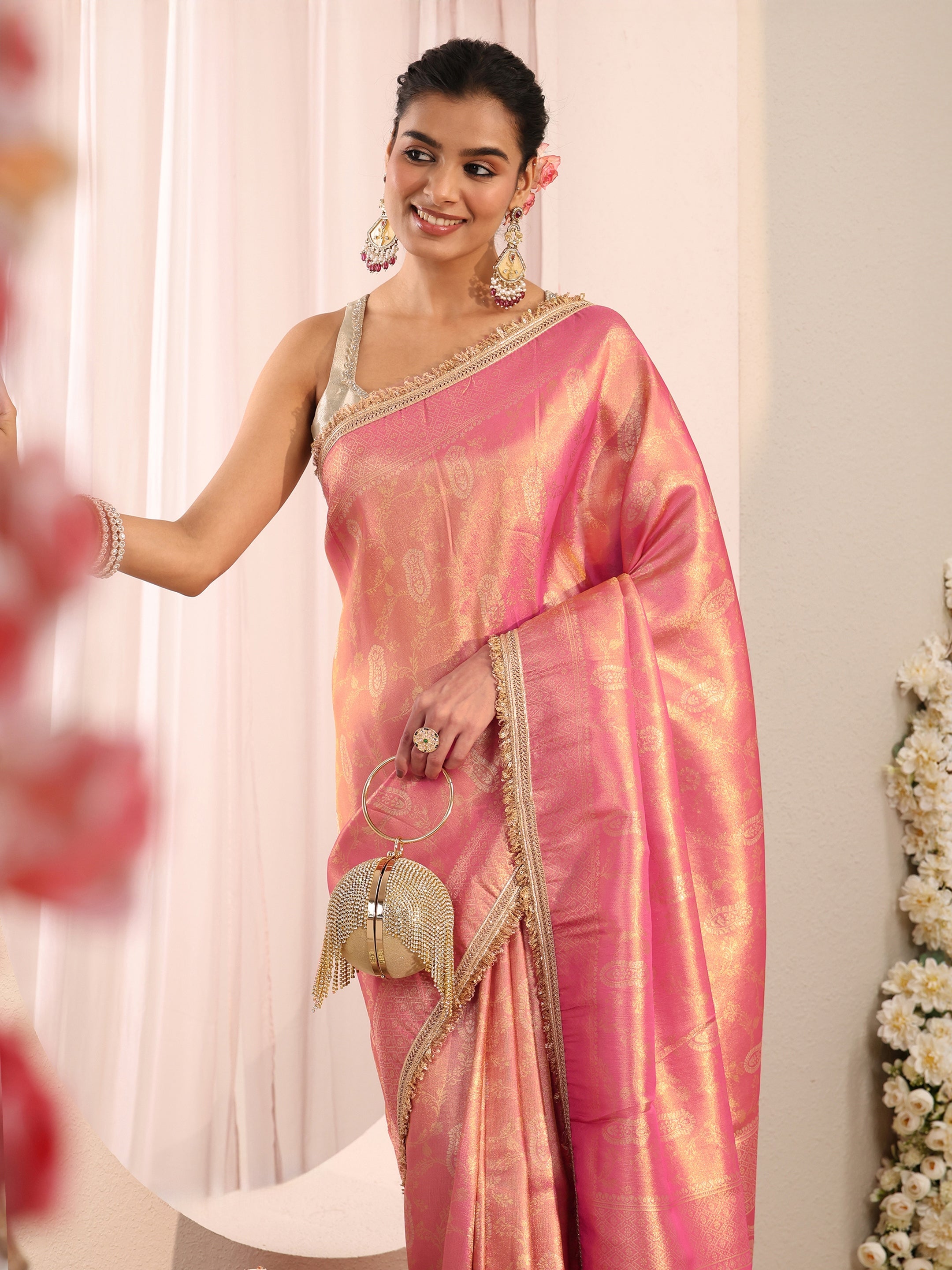 libas Pink Ethnic Woven Design Silk Blend Saree With Unstitched Blouse Piece-picture-62