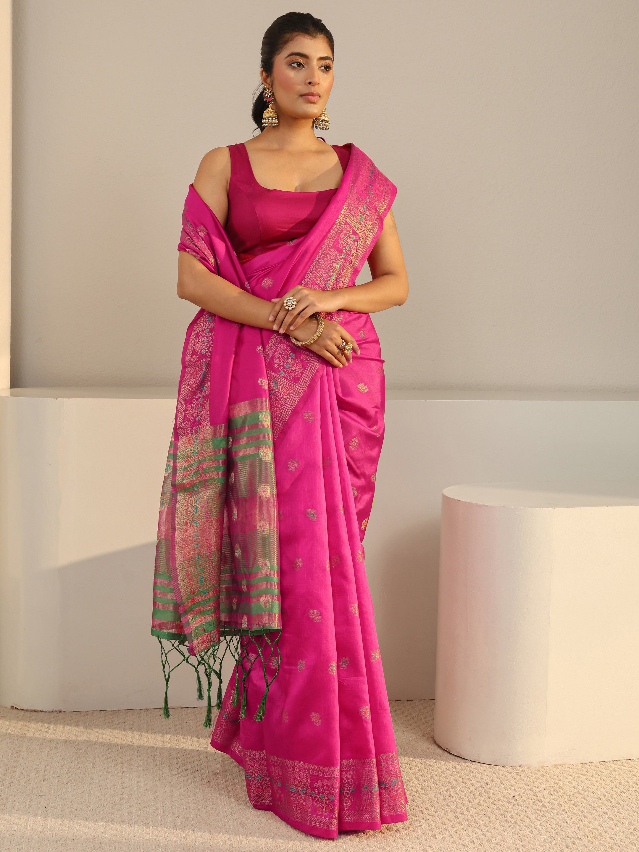 libas Pink Ethnic Woven Design Silk Blend Saree With Unstitched Blouse Piece-picture-31