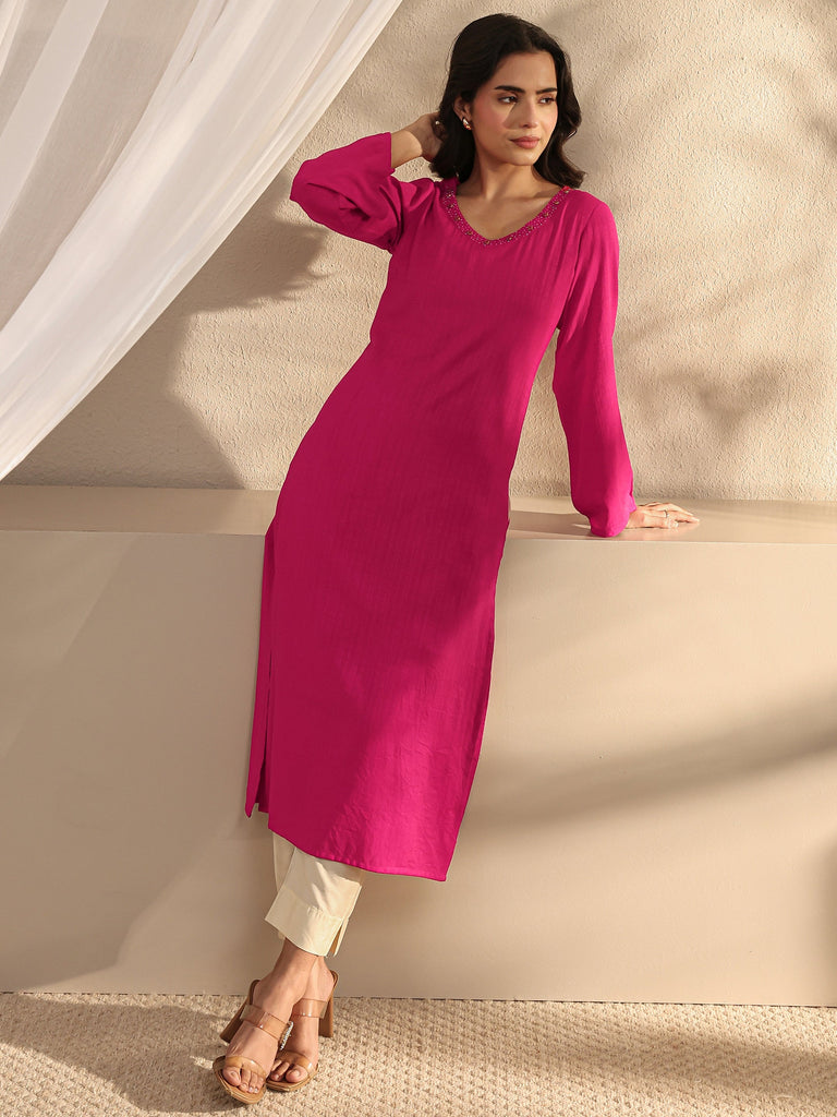 Libas Pink Ethnic Woven Design Viscose Rayon Straight Kurta