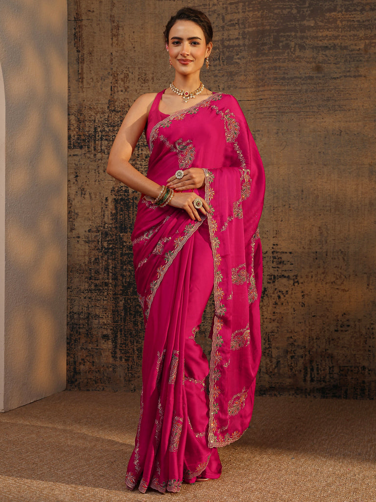 Libas Pink Floral Embellished Satin Saree With Unstitched Blouse Piece