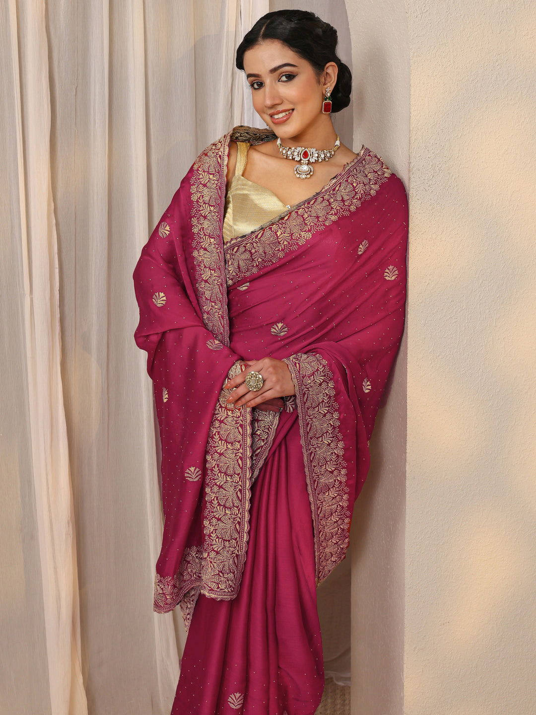  Pink Floral Embellished Silk Blend Saree With Unstitched Blouse Piece 