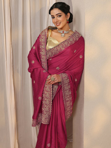 Pink Floral Embellished Silk Blend Saree With Unstitched Blouse Piece