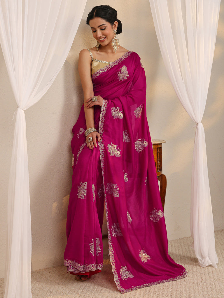 Libas Pink Floral Embellished Silk Blend Saree With Unstitched Blouse Piece