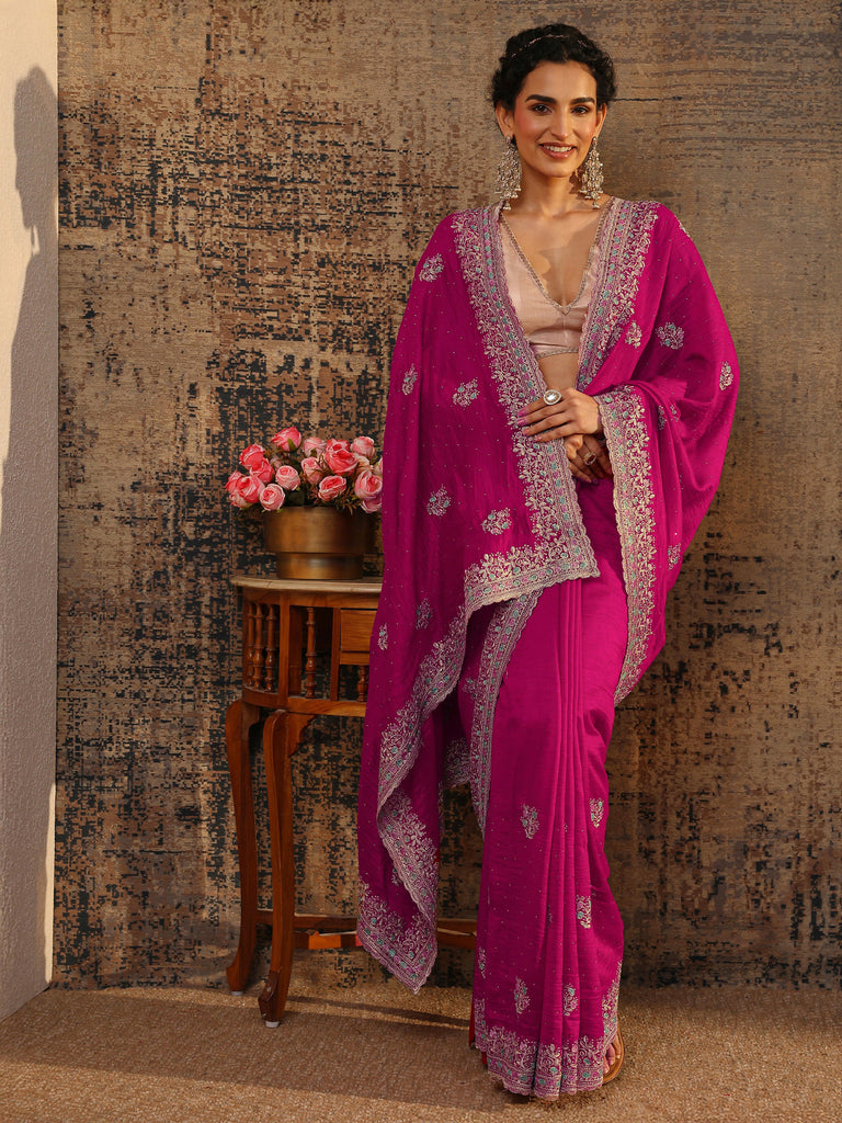 Libas Pink Floral Embellished Silk Blend Saree With Unstitched Blouse Piece