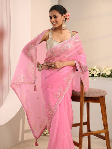 Pink Floral Embellished Tissue Saree With Unstitched Blouse Piece