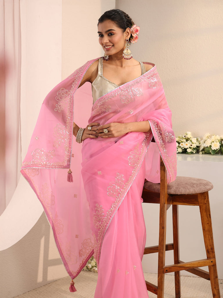 Libas Pink Floral Embellished Tissue Saree With Unstitched Blouse Piece