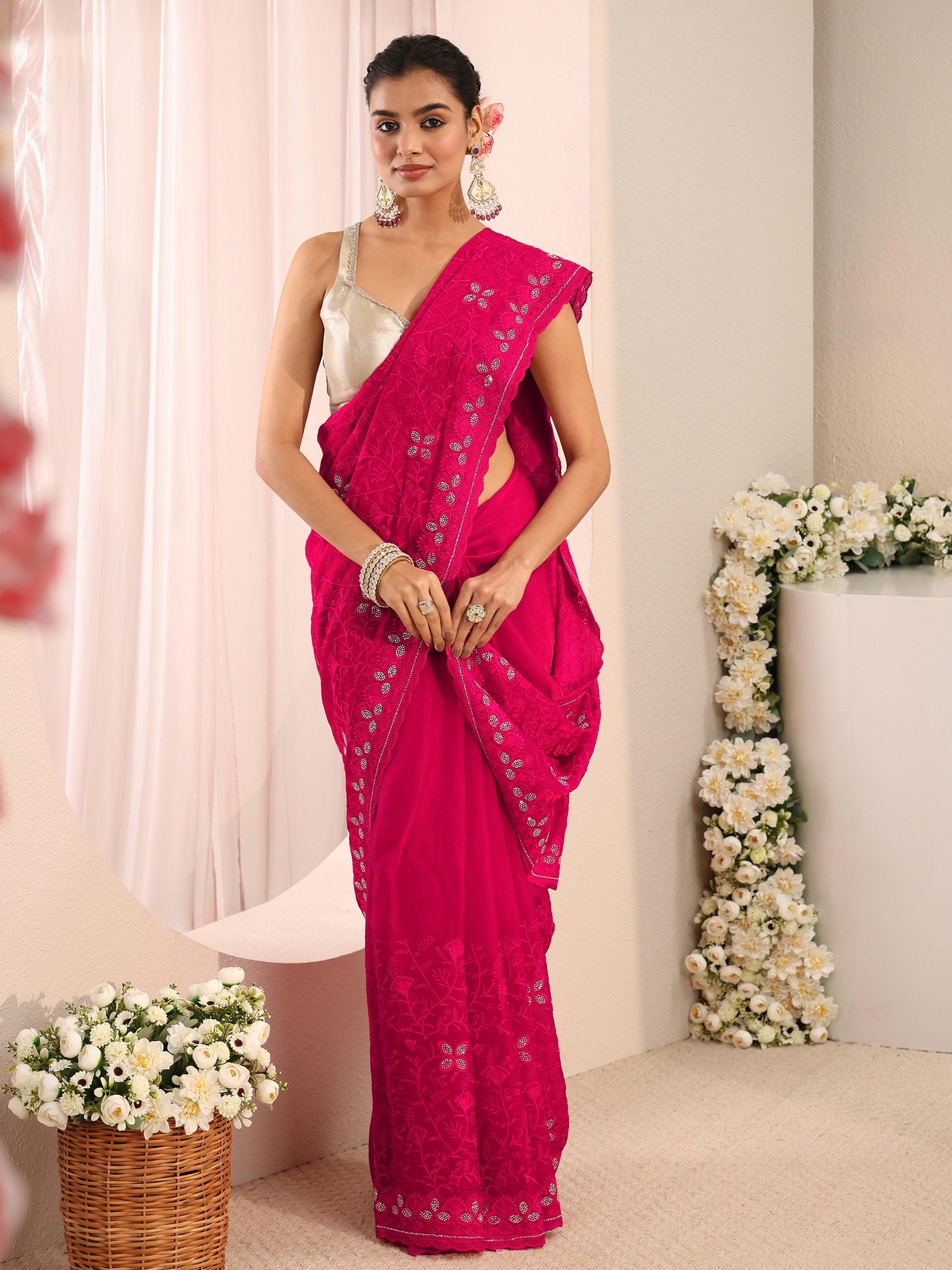 libas Pink Floral Embellished Tissue Saree With Unstitched Blouse Piece-picture-10