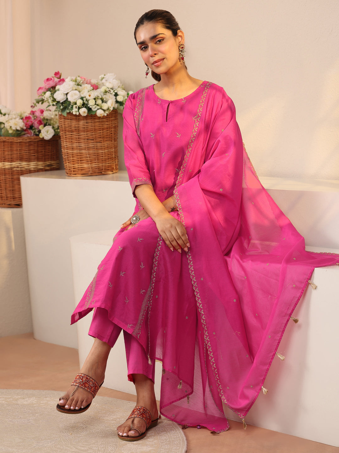  Pink Floral Embroidered Chanderi Silk Straight Suit Set 