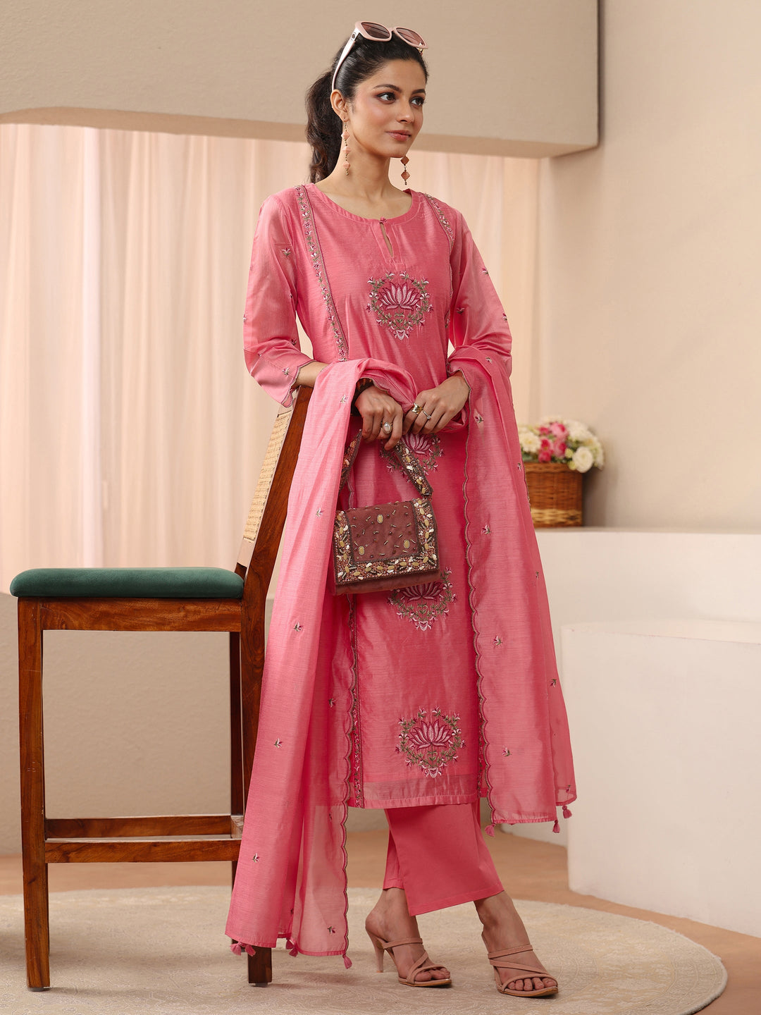  Pink Floral Embroidered Chanderi Silk Straight Suit Set 