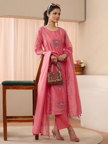 Libas Pink Floral Embroidered Chanderi Silk Straight Suit Set