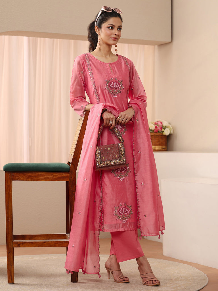 Libas Pink Floral Embroidered Chanderi Silk Straight Suit Set