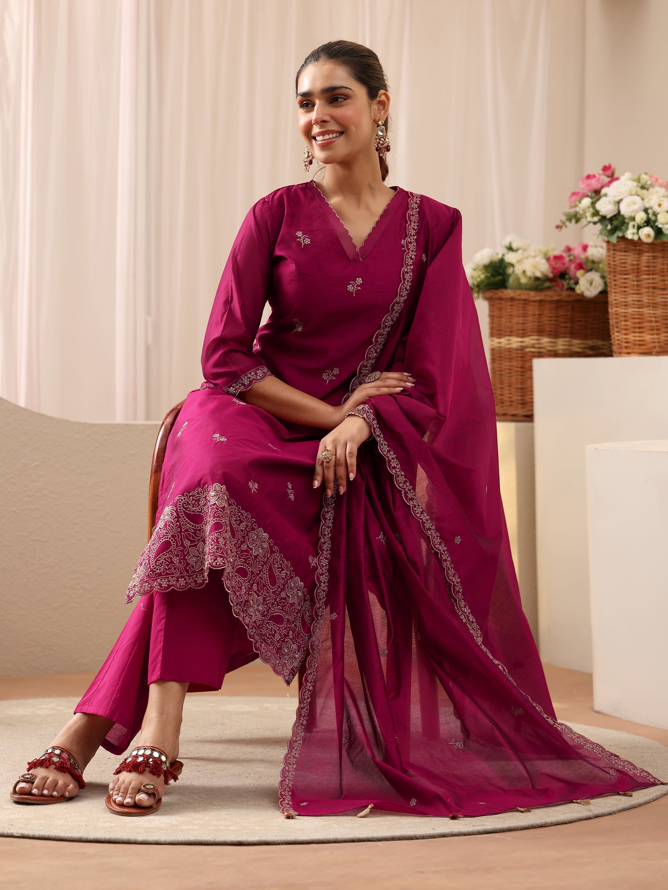 Libas Pink Floral Embroidered Chanderi Silk Straight Suit Set-image-36