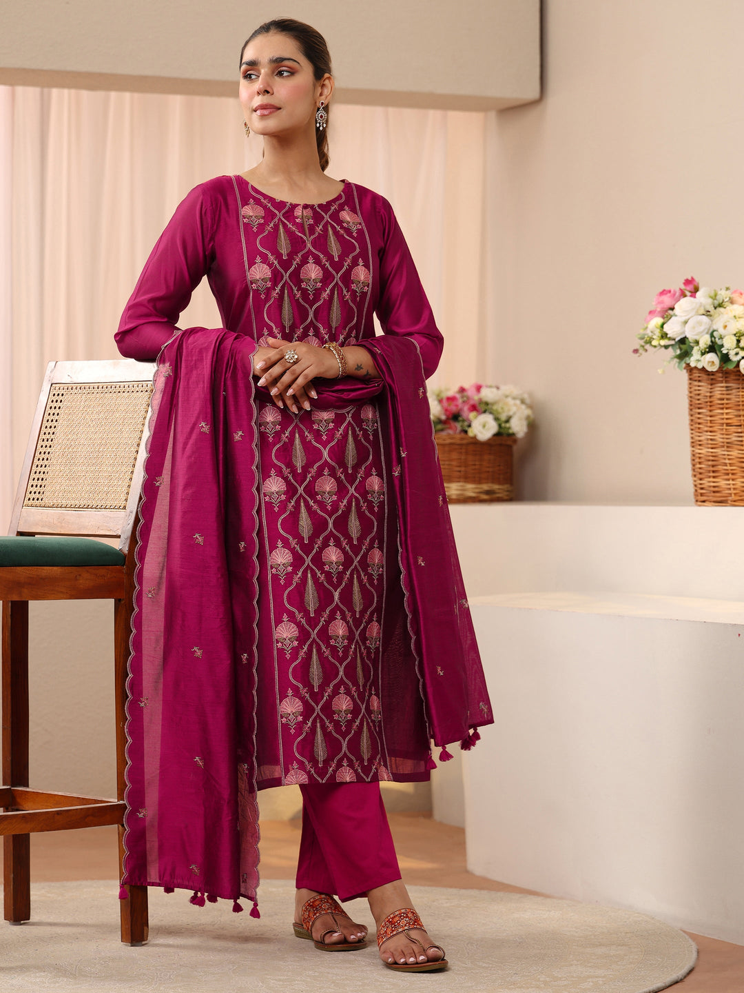  Pink Floral Embroidered Chanderi Silk Straight Suit Set 