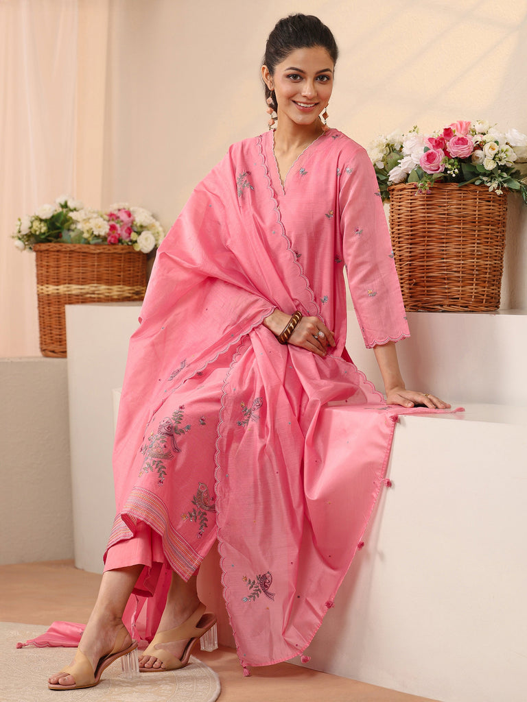 Libas Pink Floral Embroidered Chanderi Silk Straight Suit Set