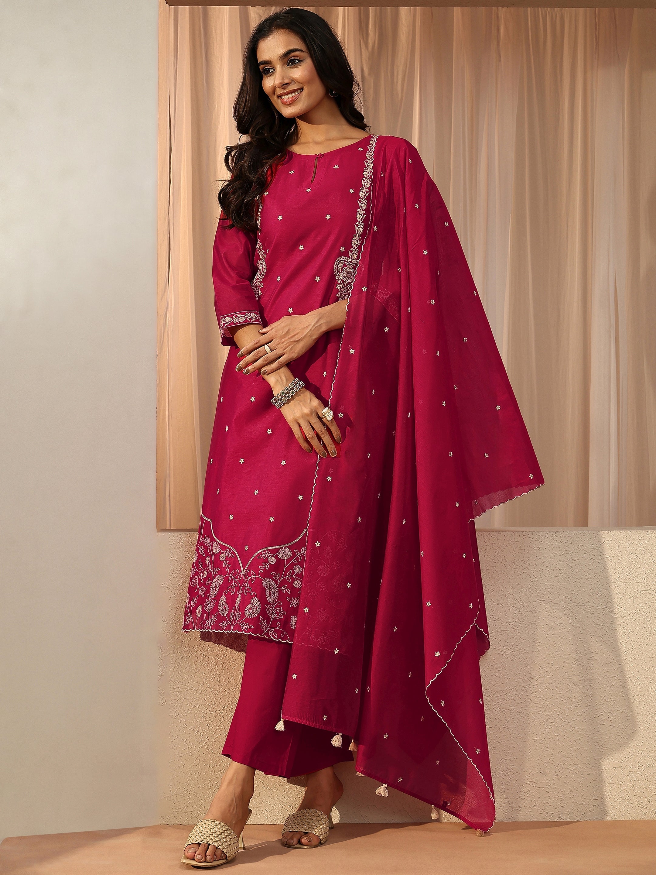 libas Pink Floral Embroidered Chanderi Silk Straight Suit Set-picture-25