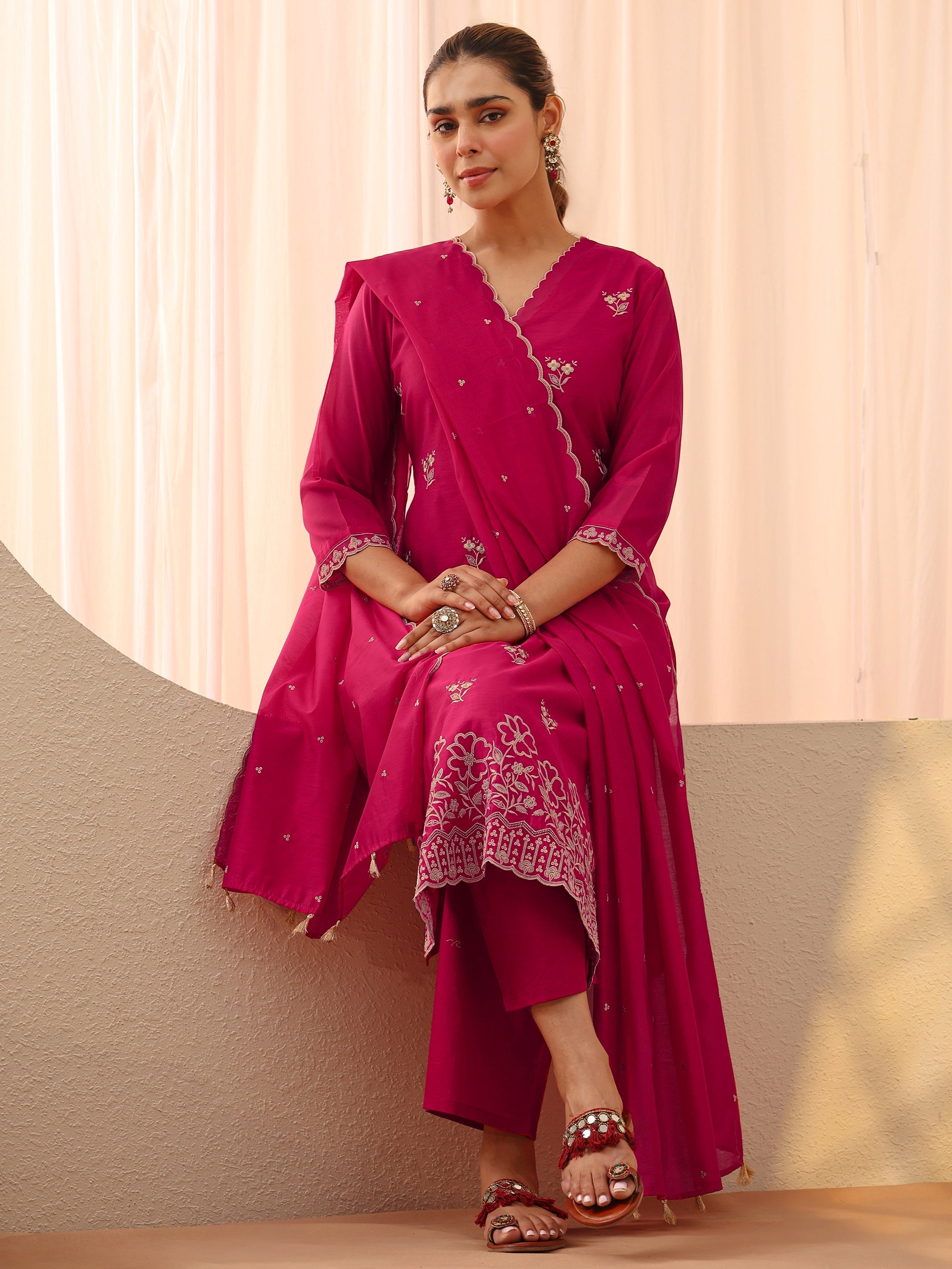 libas Pink Floral Embroidered Chanderi Silk Straight Suit Set-picture-17
