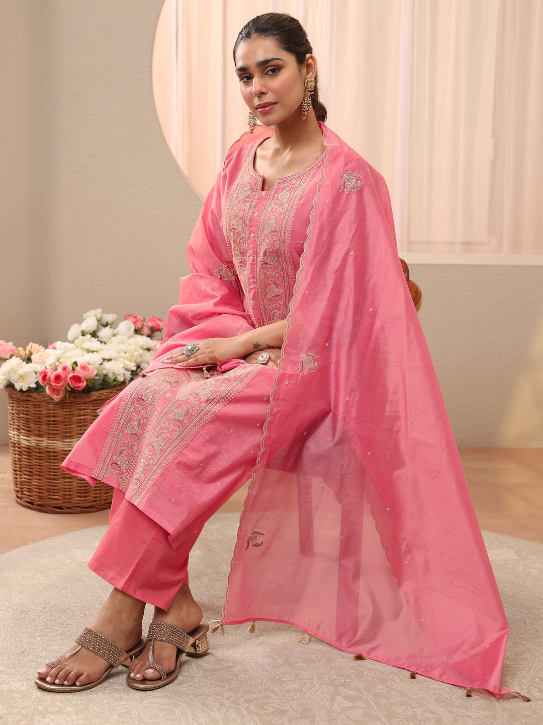  Pink Floral Embroidered Chanderi Silk Straight Suit Set 