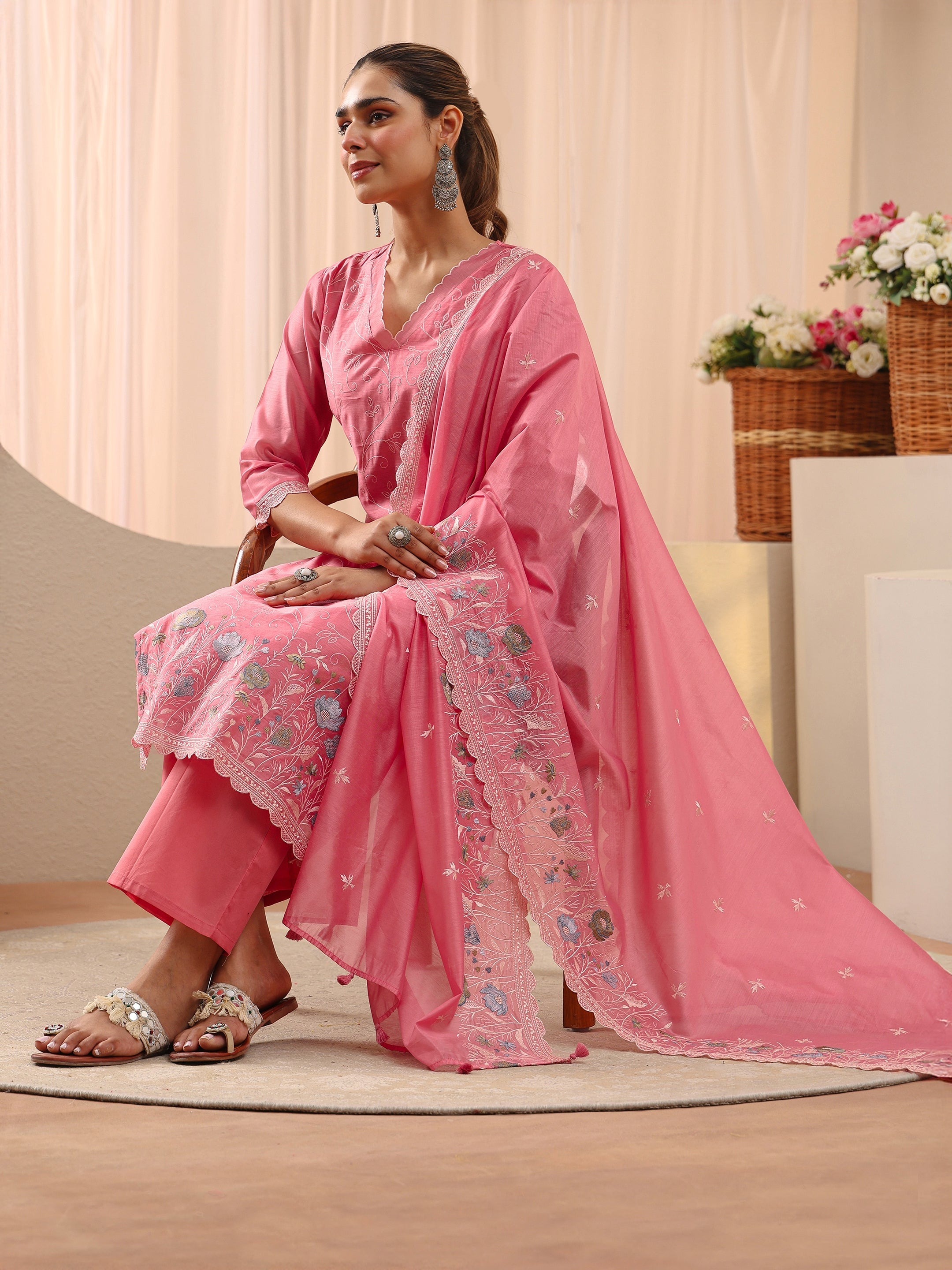 Libas Pink Floral Embroidered Chanderi Silk Straight Suit Set-image-35