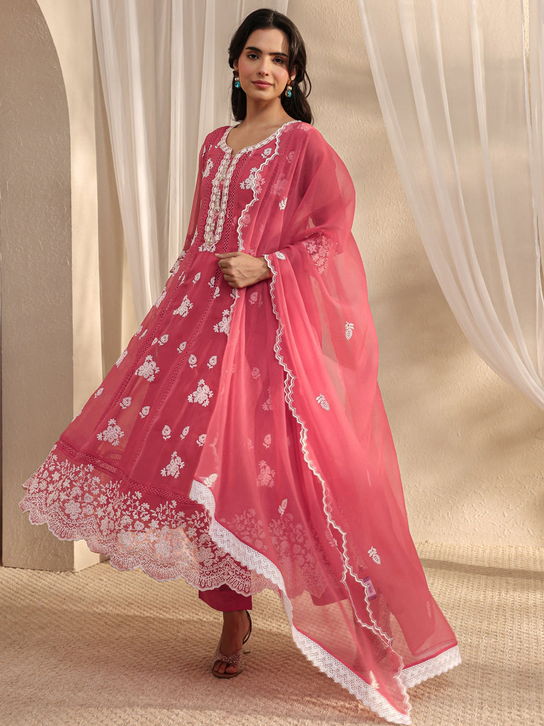 Libas Pink Floral Embroidered Chiffon Anarkali Suit Set With Dupatta