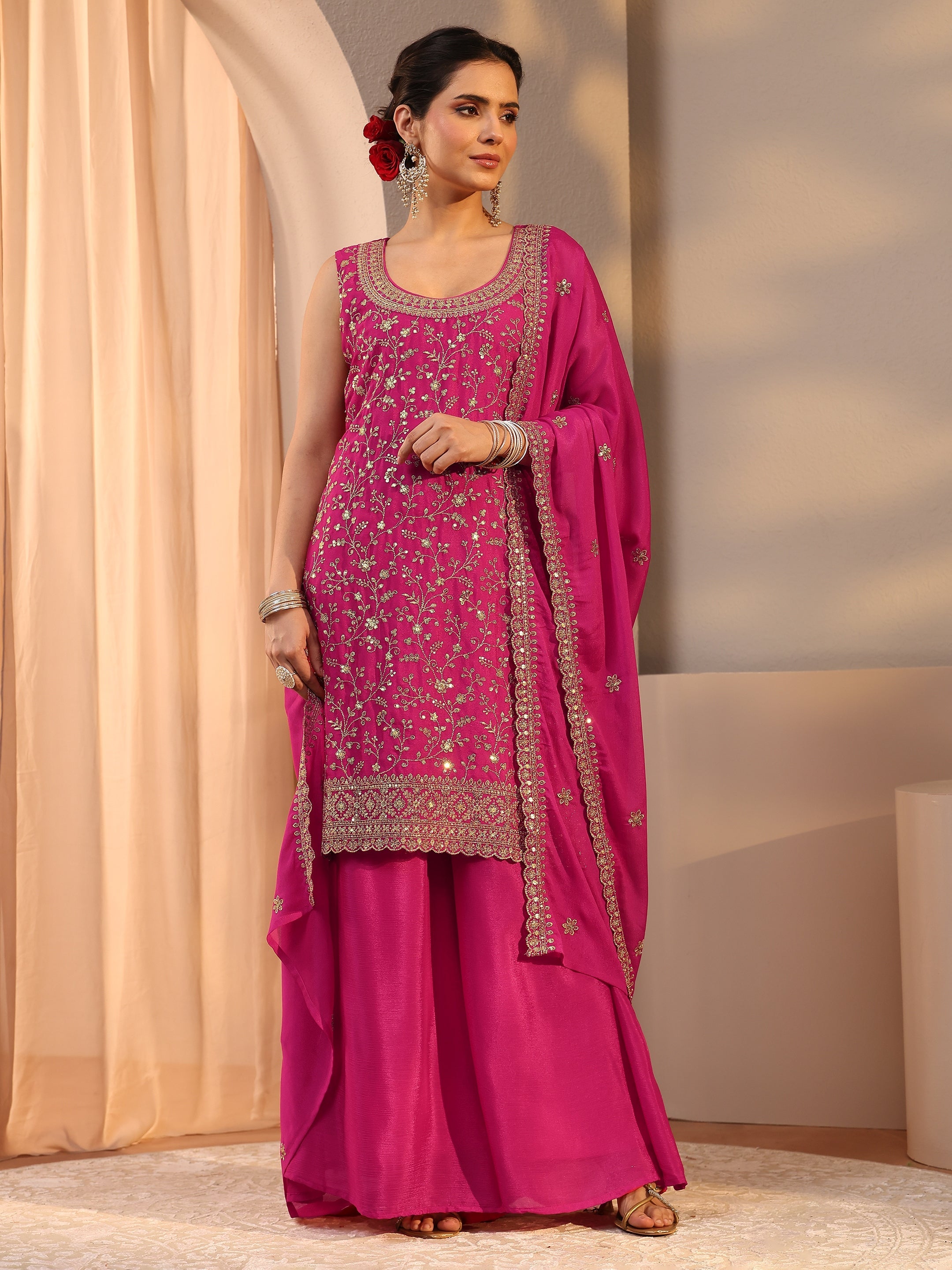 libas Pink Floral Embroidered Chinon Straight Suit Set With Dupatta-picture-56