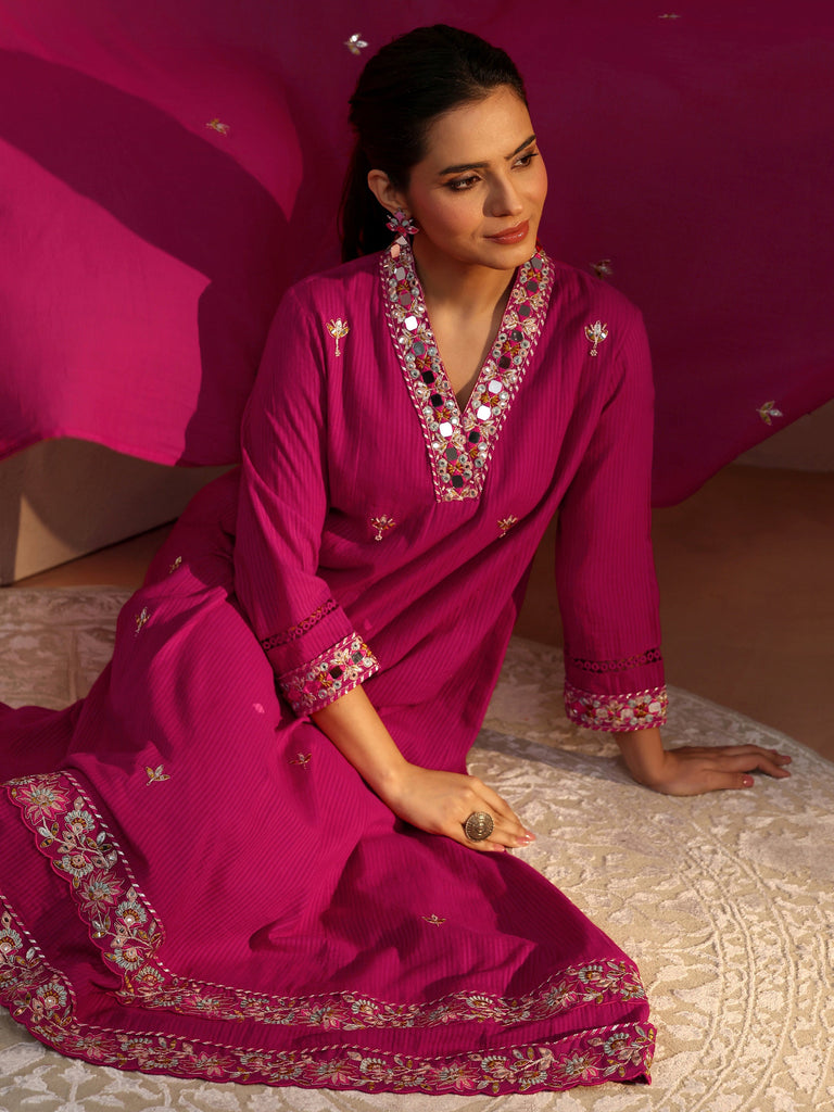Libas Pink Floral Embroidered Cotton A-Line Suit Set With Dupatta