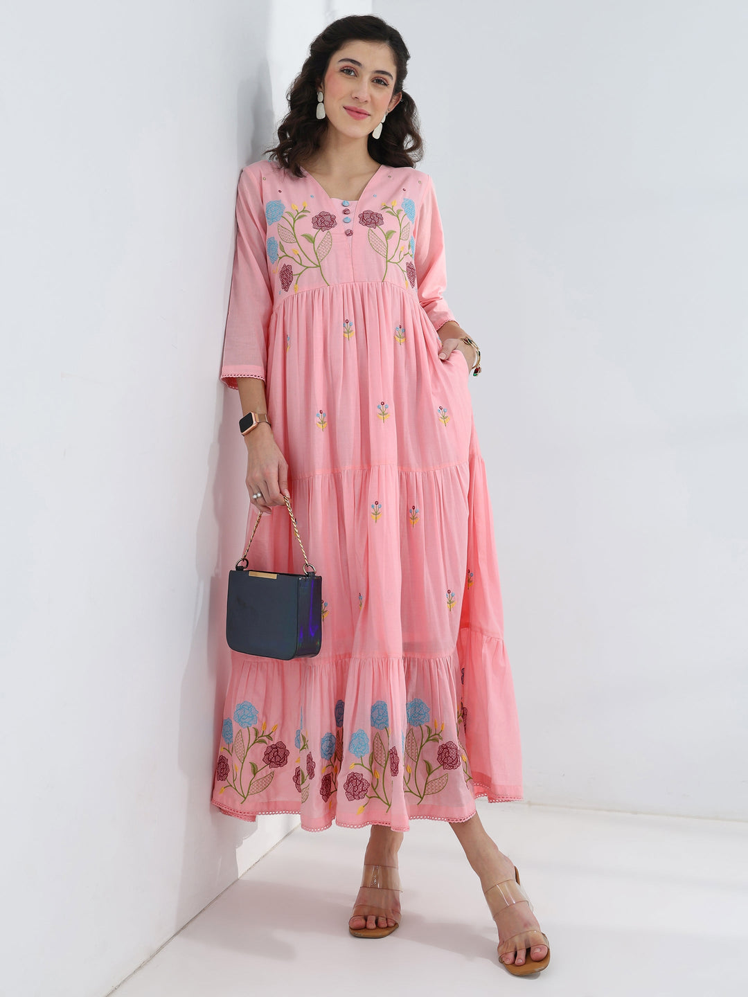  Pink Floral Embroidered Cotton Fit-And-Flare One-Piece Dress 