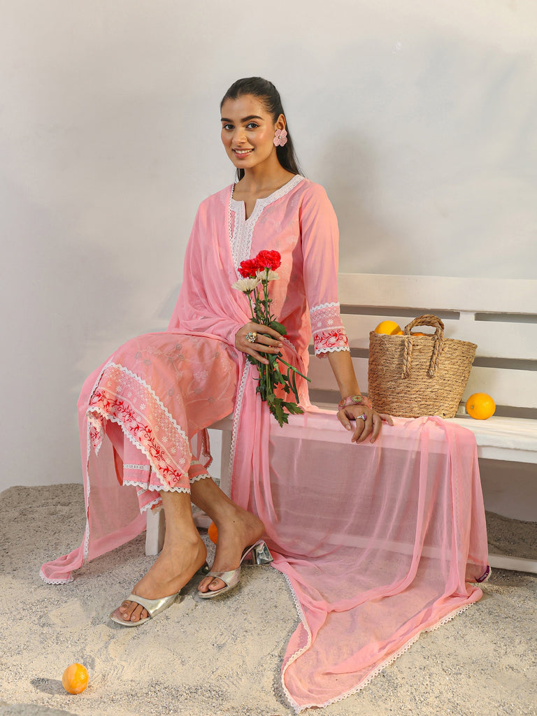 Libas Pink Floral Embroidered Cotton Straight Suit Set With Dupatta