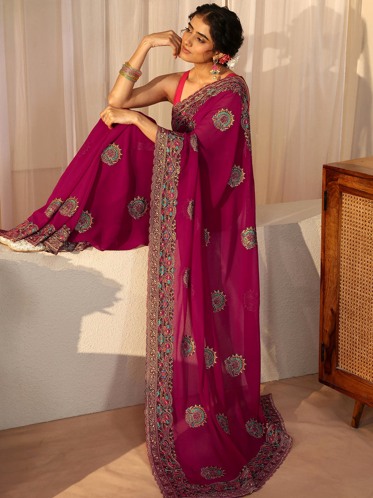 Libas Pink Floral Embroidered Georgette Saree