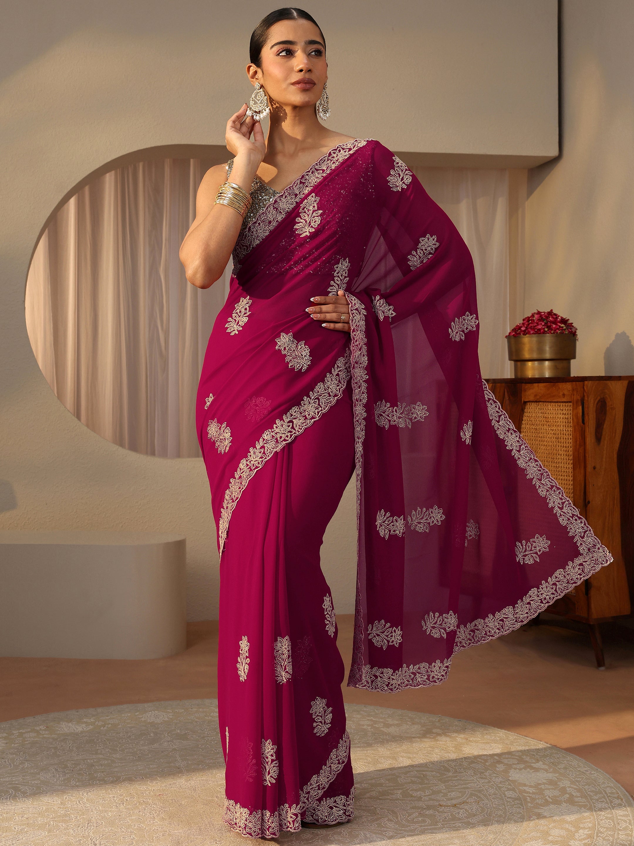 libas Pink Floral Embroidered Georgette Saree-picture-48