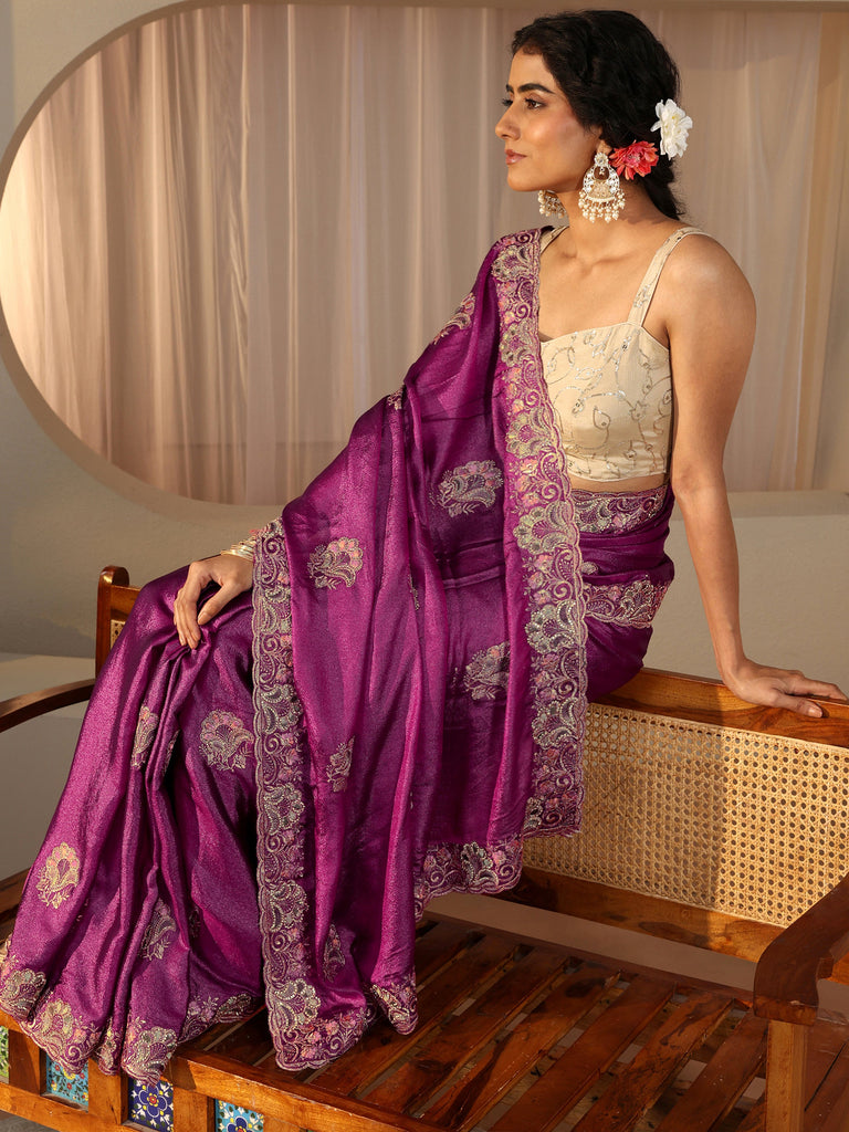 Libas Pink Floral Embroidered Glossy Chiffon Saree